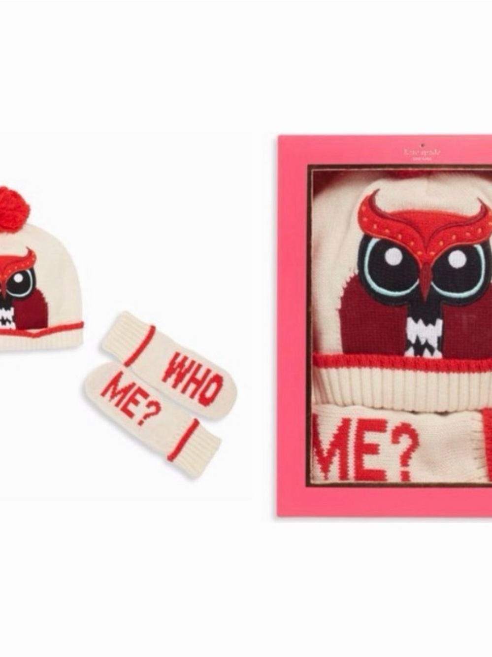 kate spade new york Girls Owl Hat & Mitten Set Wool Knit Lined XXS 2/3